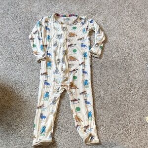 Magnetic Me Cream One-Piece with Blue, Green and Brown Dog Print